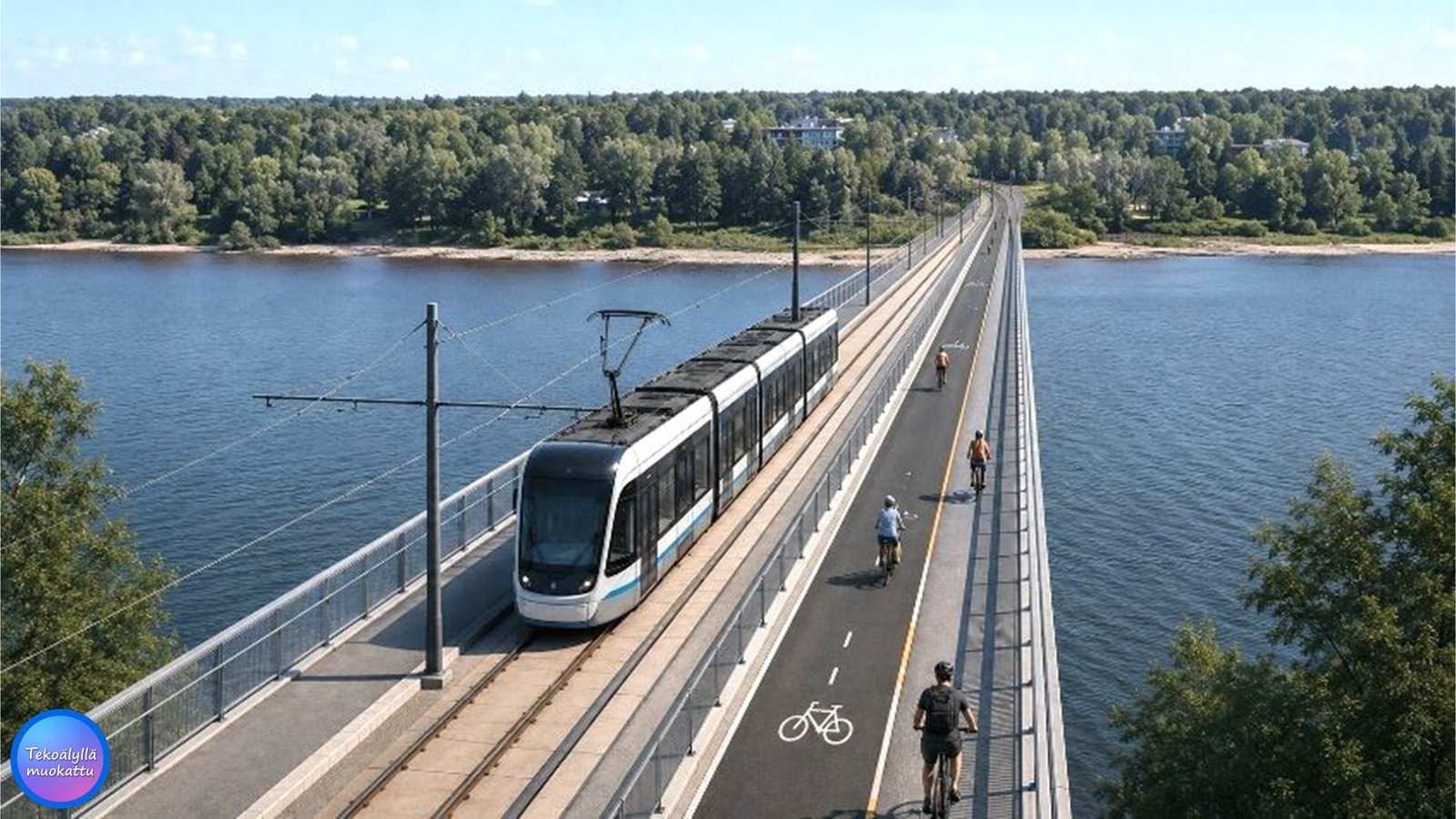 Tekoälyn tuottama havainnekuva raitiotiestä ja pyöräbaanasta katuympäristössä Lähderannassa. Kartta © Google.